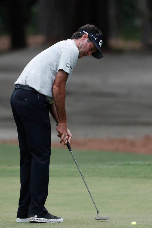 Bubba Watson watches his putt go in on the 11th green during the first round of the RBC Heritag ...