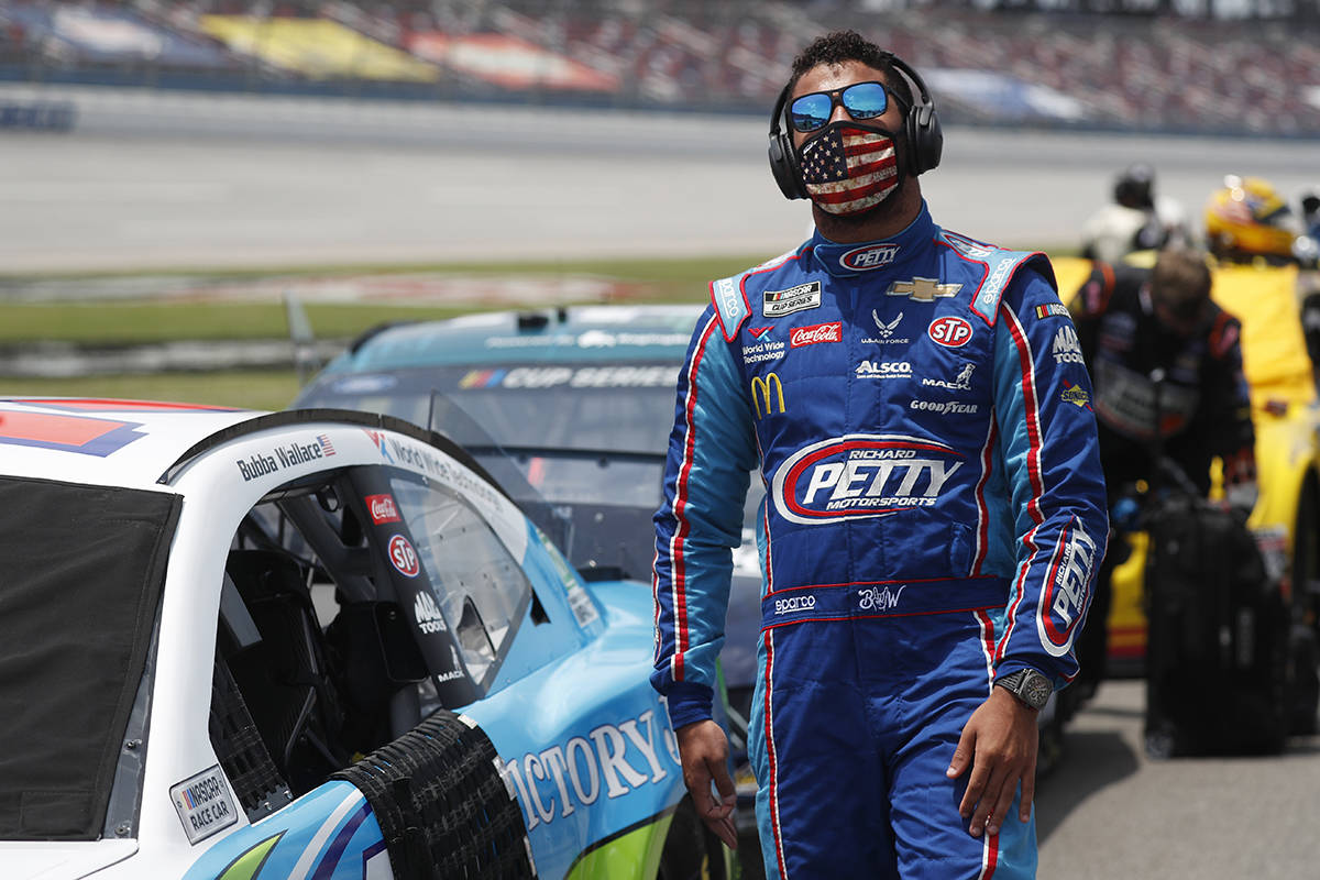 Driver Bubba Wallace prior to the start of the NASCAR Cup Series at the Talladega Superspeedway ...