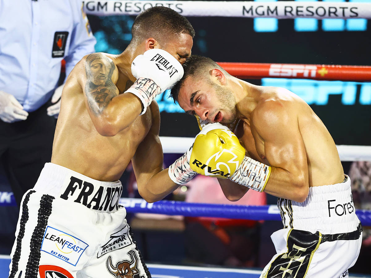 Joshua Franco, left, and Andrew Moloney fight Tuesday, June 23, 2020, at the MGM Grand in Las V ...