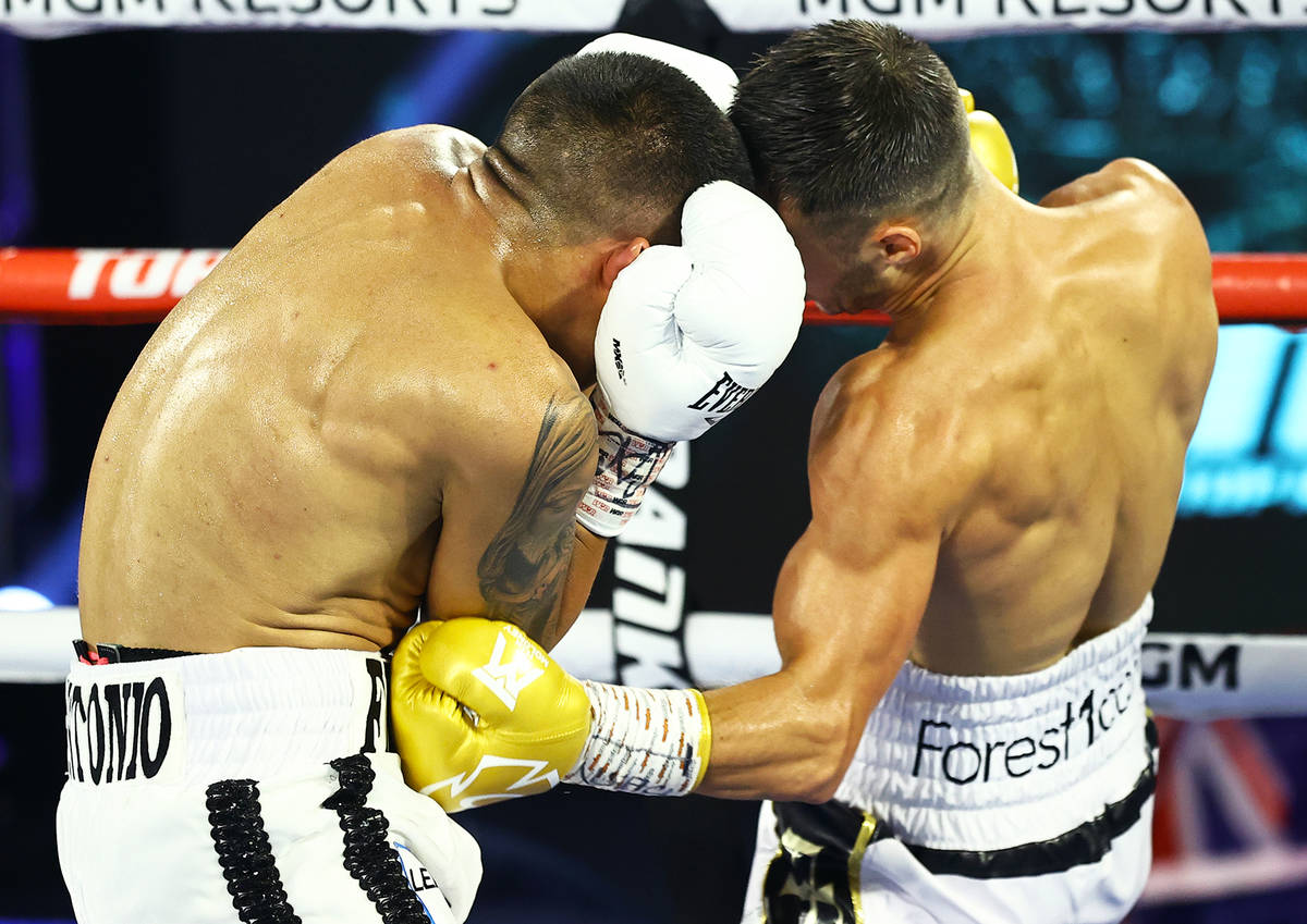 Joshua Franco, left, and Andrew Moloney trade punches Tuesday, June 23, 2020, at the MGM Grand ...