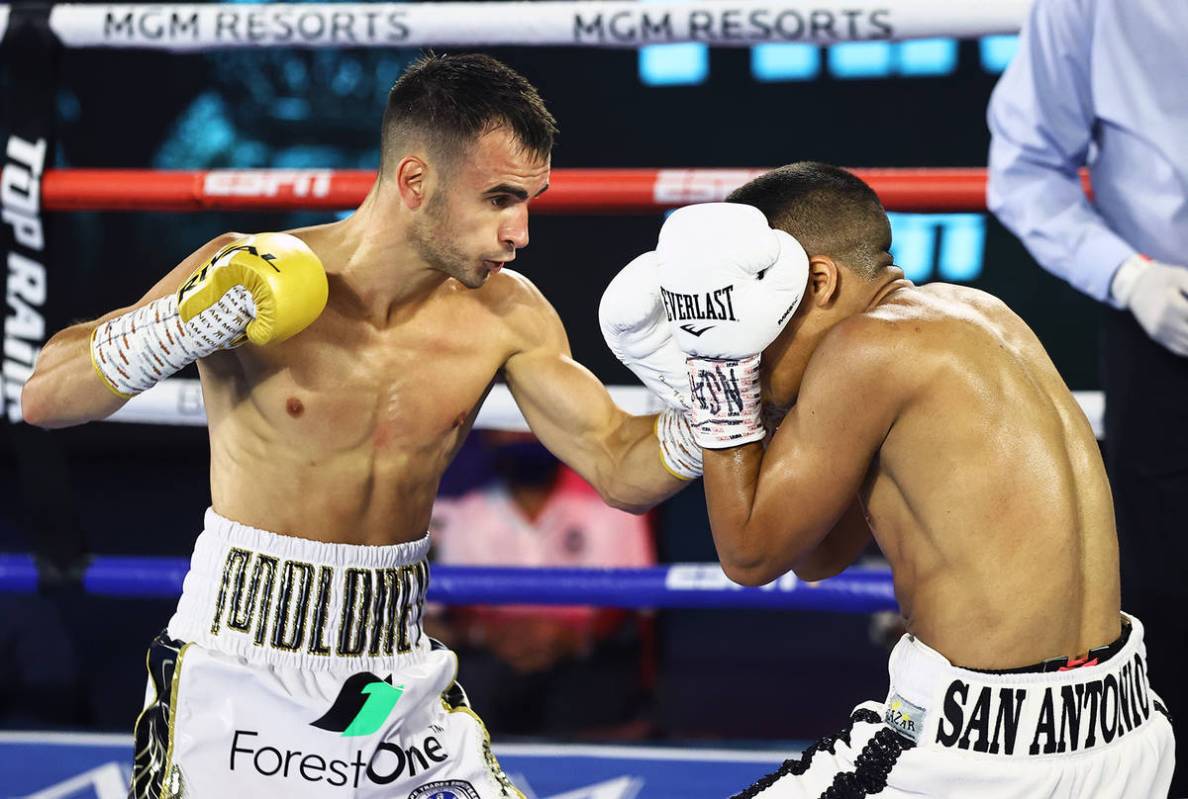 Andrew Moloney, left, and Joshua Franco trade punches Tuesday, June 23, 2020, at the MGM Grand ...