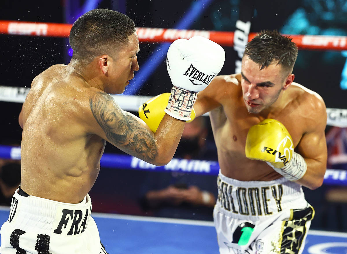 Joshua Franco, left, and Andrew Moloney fight Tuesday, June 23, 2020, at the MGM Grand in Las V ...