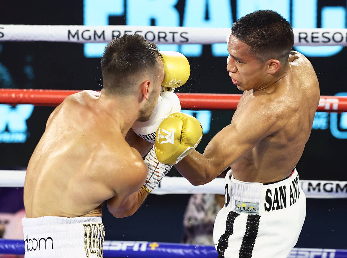 Joshua Franco, right, connects with an uppercut against Andrew Moloney on Tuesday, June 23, 202 ...