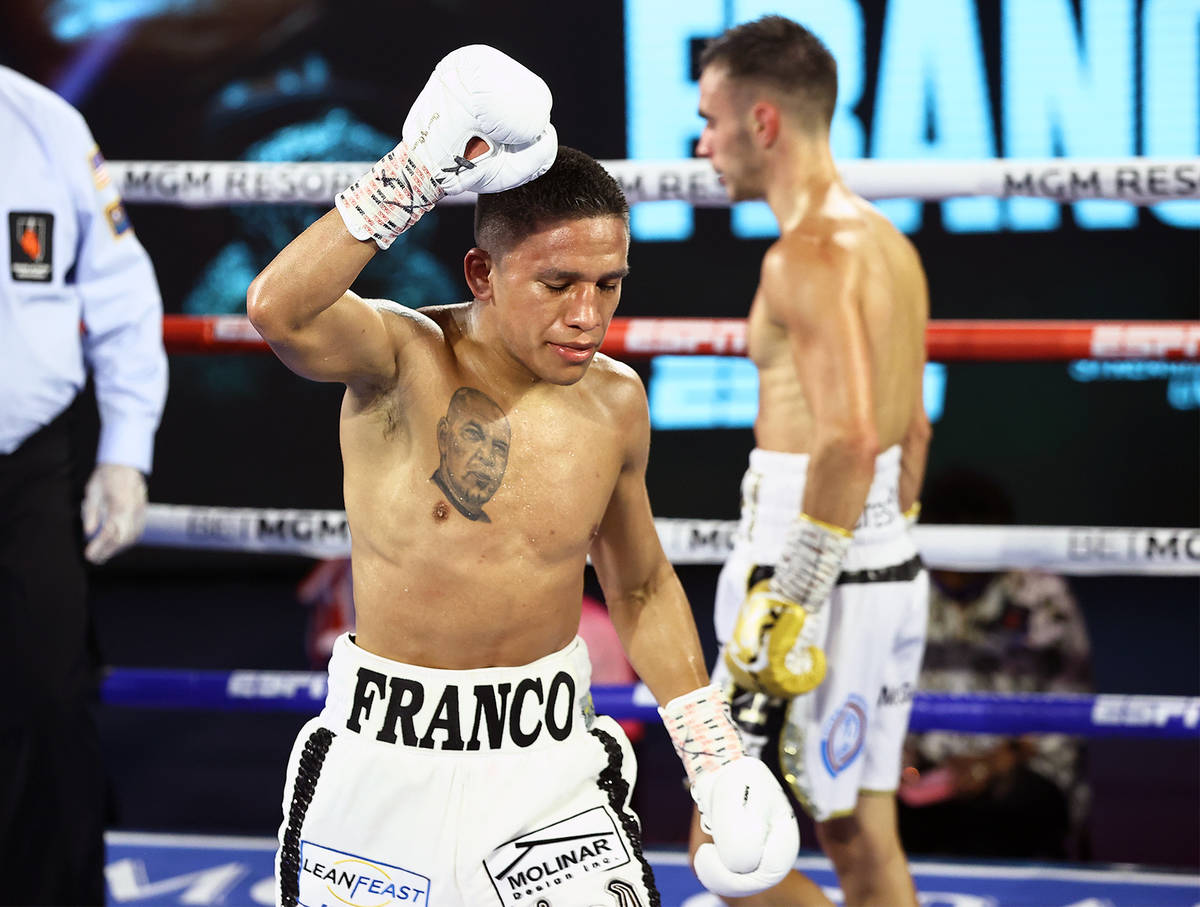 Joshua Franco is shown celebrating during his fight against Andrew Moloney on Tuesday, June 23, ...