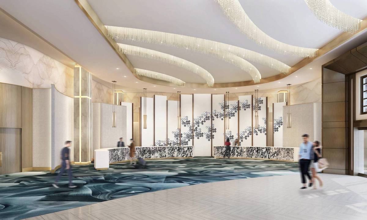 A rendering of the Conrad lobby at Resorts World. (Courtesy, Resorts World)