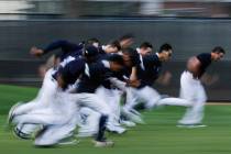New York Yankees pitchers run during a spring training baseball workout Thursday, Feb. 13, 2020 ...