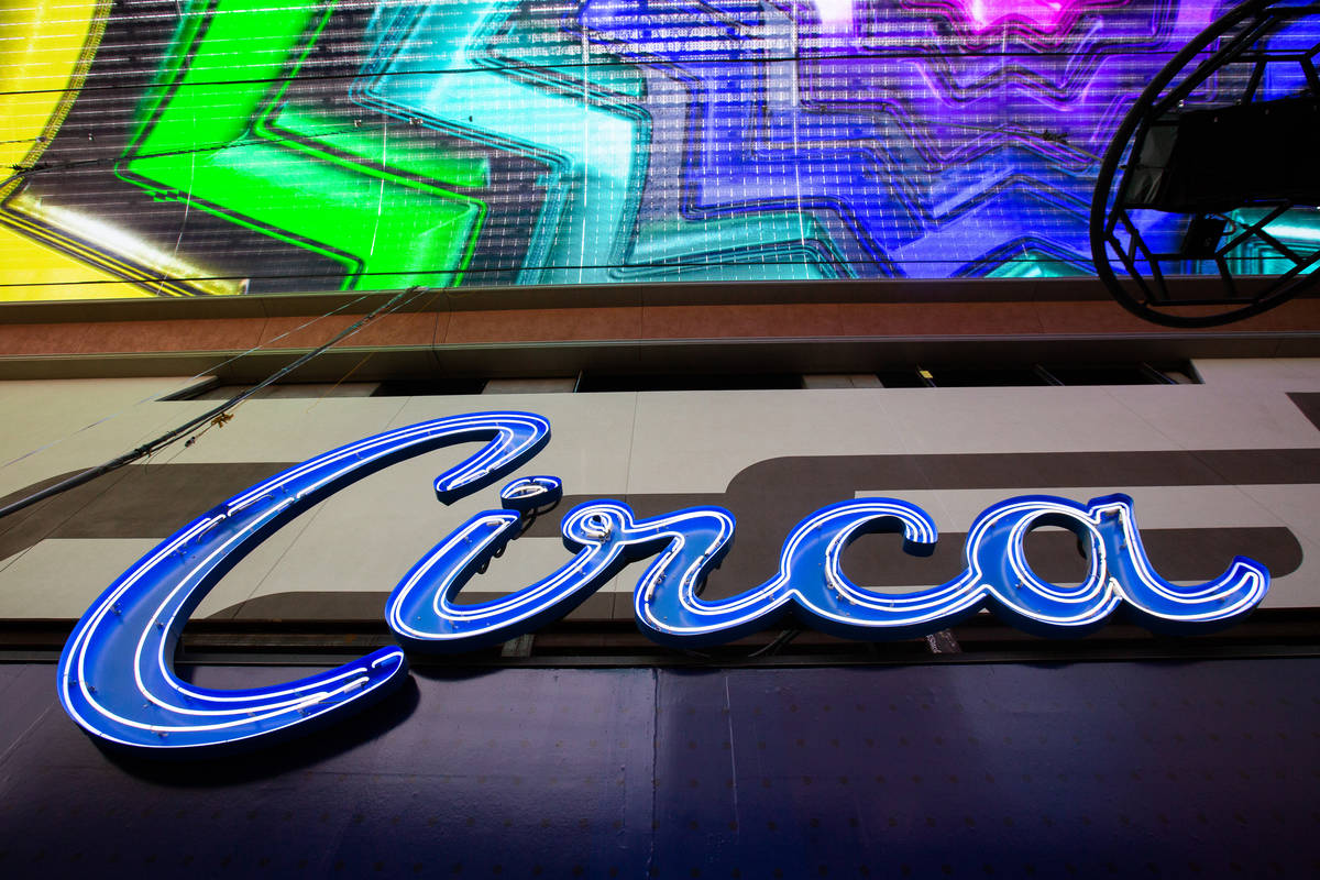 The sign for Circa is illuminated inside the Fremont Street Experience in Las Vegas on Wednesda ...