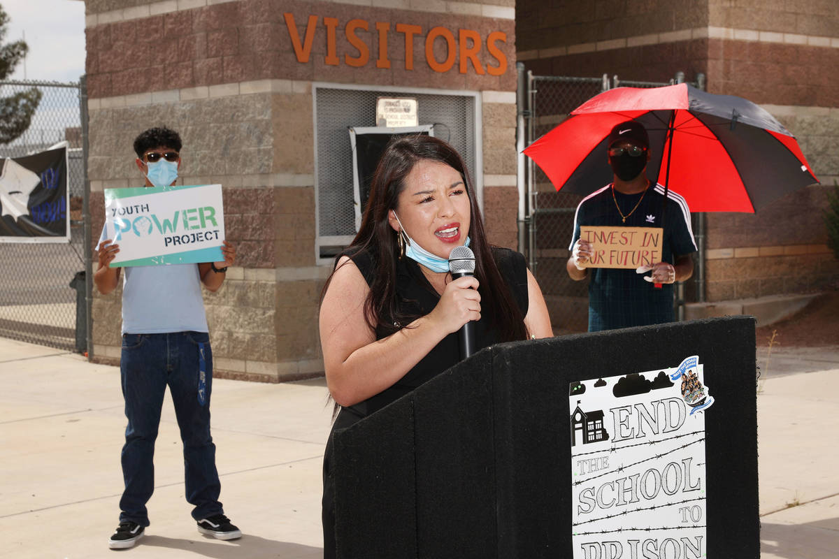 School support specialist Angelica Montenegro speaks during a protest, Wednesday, June 24, 2020 ...