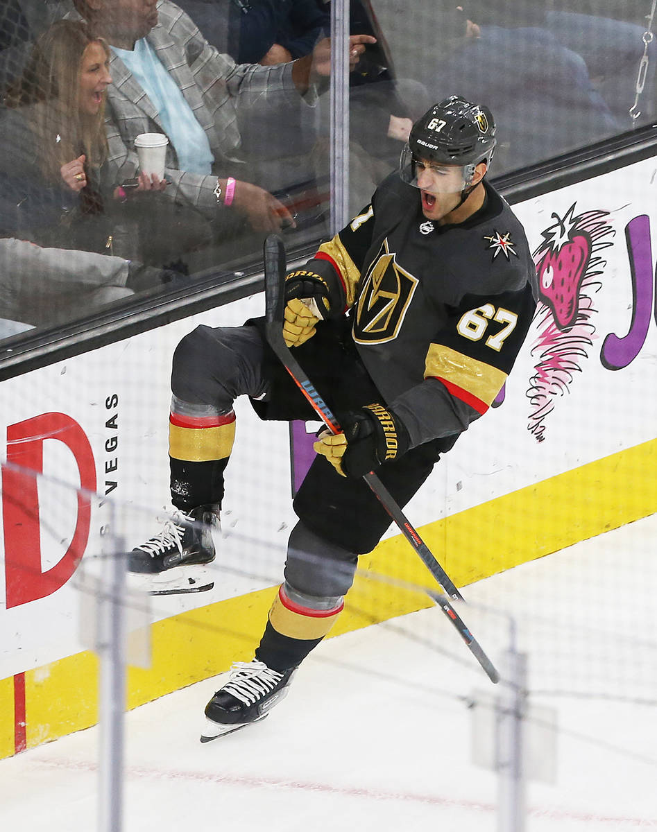 Vegas Golden Knights left wing Max Pacioretty (67) celebrates after scoring a first period goal ...