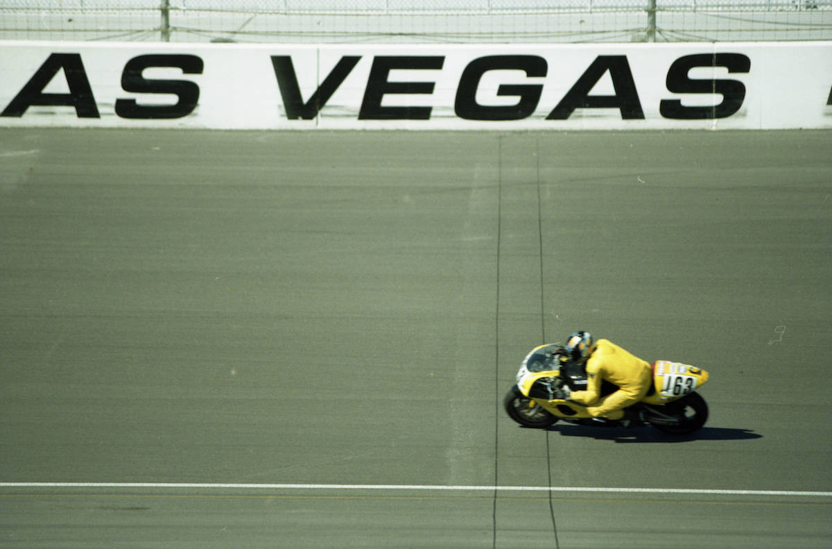 Miguel Duhamel takes a qualifying run during a race at Las Vegas Motor Speedway in 1997. The fo ...