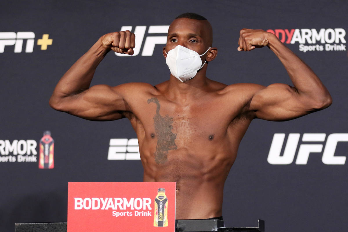 UFC lightweight Khama Worthy poses on the scale at the UFC Apex during weigh-ins for UFC on ESP ...
