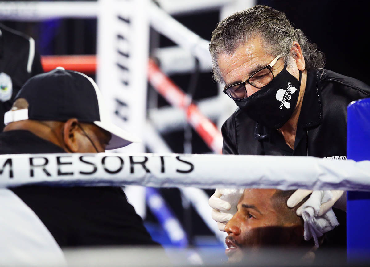 Cutman Jacob Duran attends to boxer Yenifel Vicente during a recent Top Rank card at the MGM Gr ...