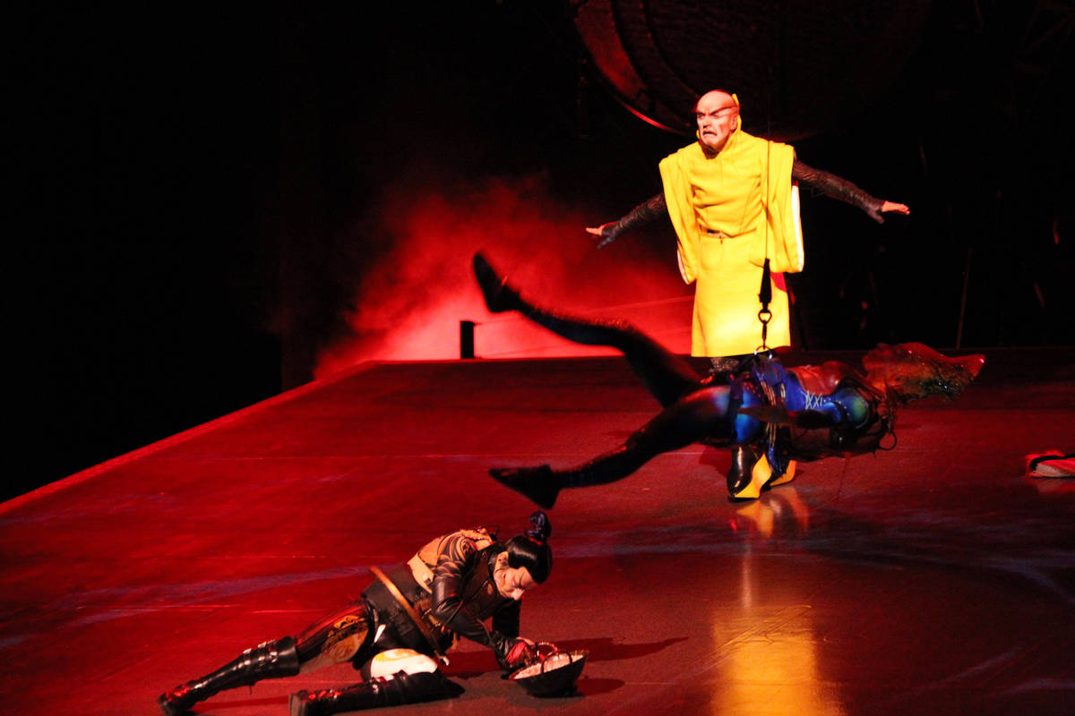 Performers with Cirque du Soleil show "Ka" perform the battle scene during a media ev ...