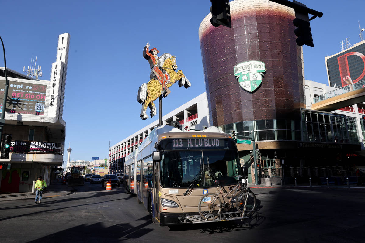A Regional Transportation Commission bus on Las Vegas Boulevard at Fremont Street downtown Thur ...