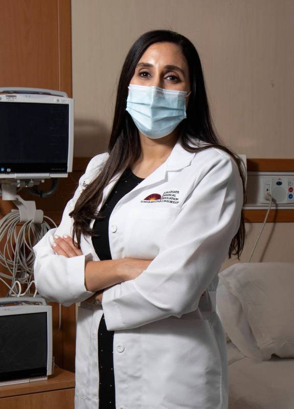 Dr. Erene Abdelmeseeh stands for a portrait in a patient room at Mountain View Hospital, where ...