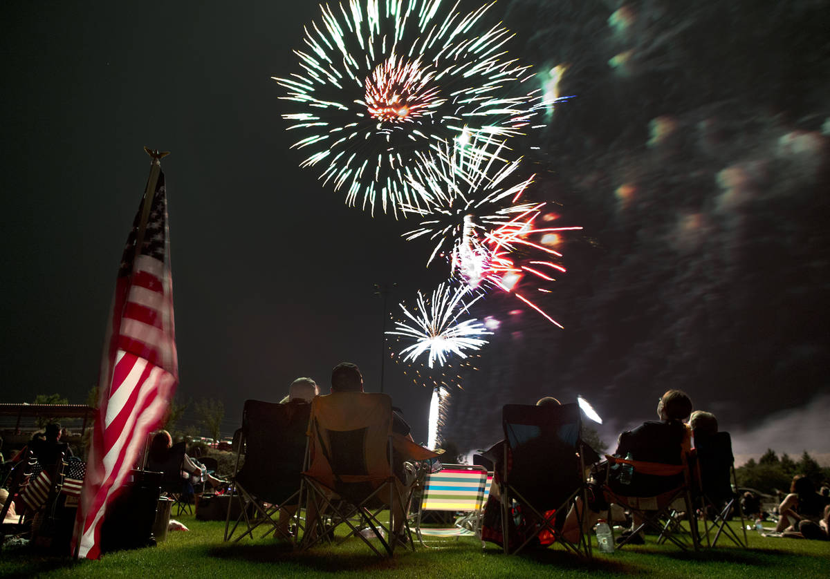 FILE - In this July 4, 2013, file photo, people watch as fireworks explode overhead during the ...