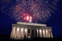 FILE - In this July 4, 2019 file photo, fireworks go off over the Lincoln Memorial in Washingto ...
