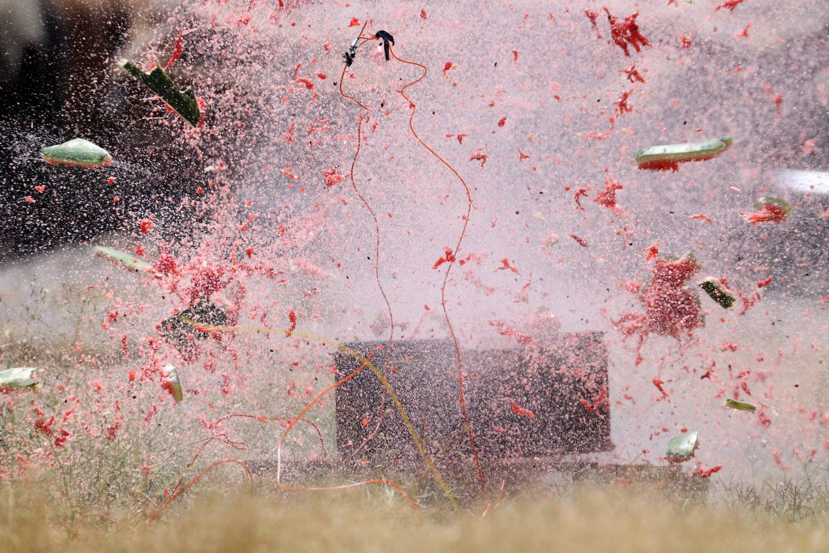 A watermelon blows off during demonstration of illegal fireworks at the Las Vegas Fire Rescue T ...