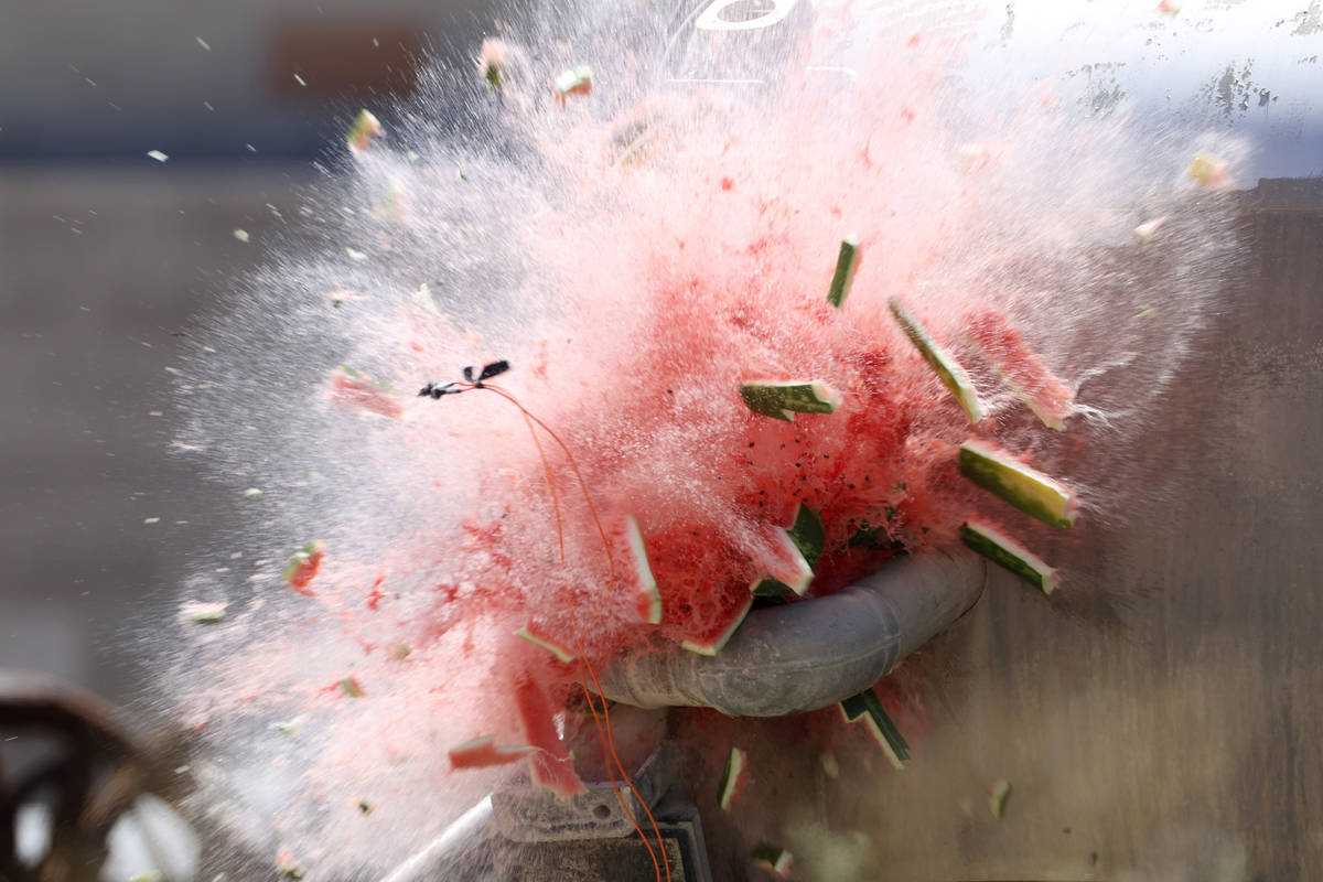 A watermelon blows off during demonstration of illegal fireworks at the Las Vegas Fire Rescue T ...