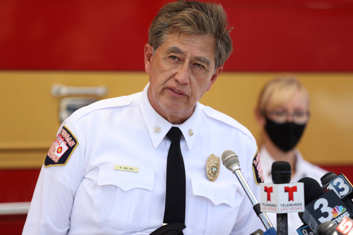 Las Vegas Fire and RescueDeputy Fire Chief Robert Nolan speaks during a press conference on fir ...