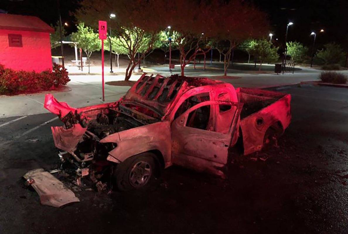 Fireworks ignited and destroyed a pickup in northwest Las Vegas early Thursday, July 2, 2020, a ...
