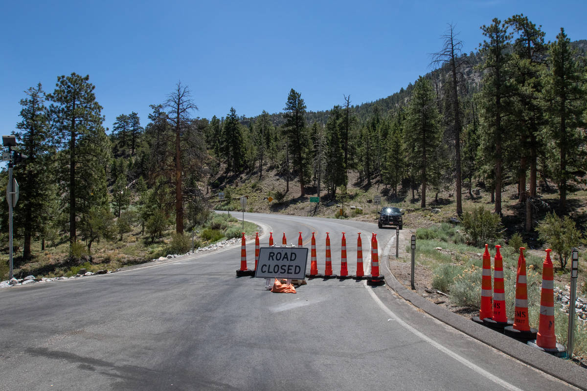 Deer Creek Road off of Lee Canyon Road is closed due to the Mahogany Fire in Las Vegas on Thurs ...