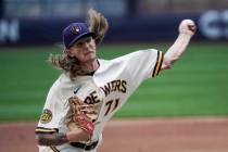 Milwaukee Brewers' Josh Hader throws during a practice session Saturday, July 4, 2020, at Mille ...