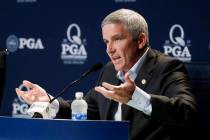 PGA Tour Commissioner Jay Monahan speaks during a news conference at the PGA Championship golf ...