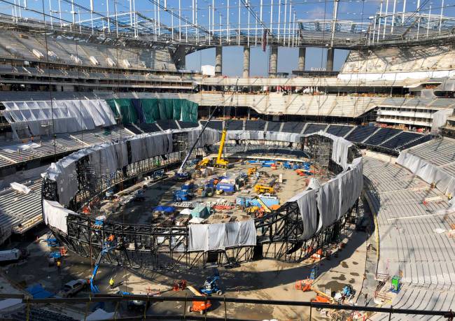 In this Jan. 22, 2020, file photo, works continues on the interior of SoFi Stadium and preparin ...