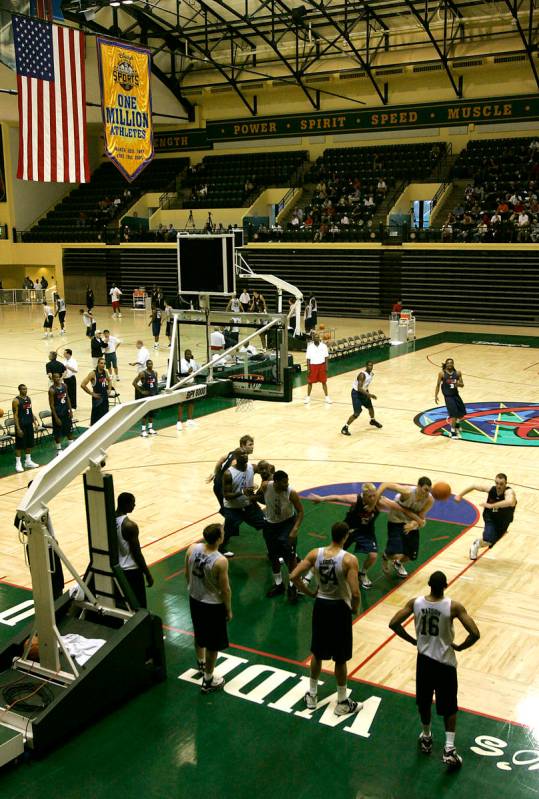 College players scrimmage during an NBA pre-draft basketball camp at the Disney Wide World of S ...