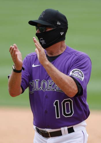 Colorado Rockies manager Bud Black claps as the team practices in Coors Field Saturday, July 4, ...
