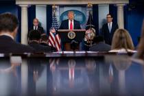 President Donald Trump speaks during a news briefing at the White House, Thursday, July 2, 2020 ...
