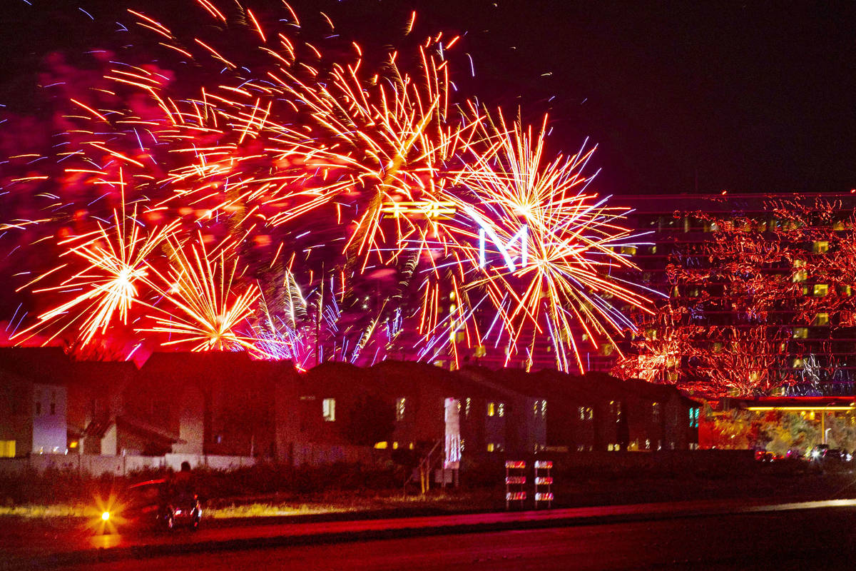 Fireworks go off above the M Resort in Henderson on Saturday, July 4, 2020. (Chase Stevens/Las ...