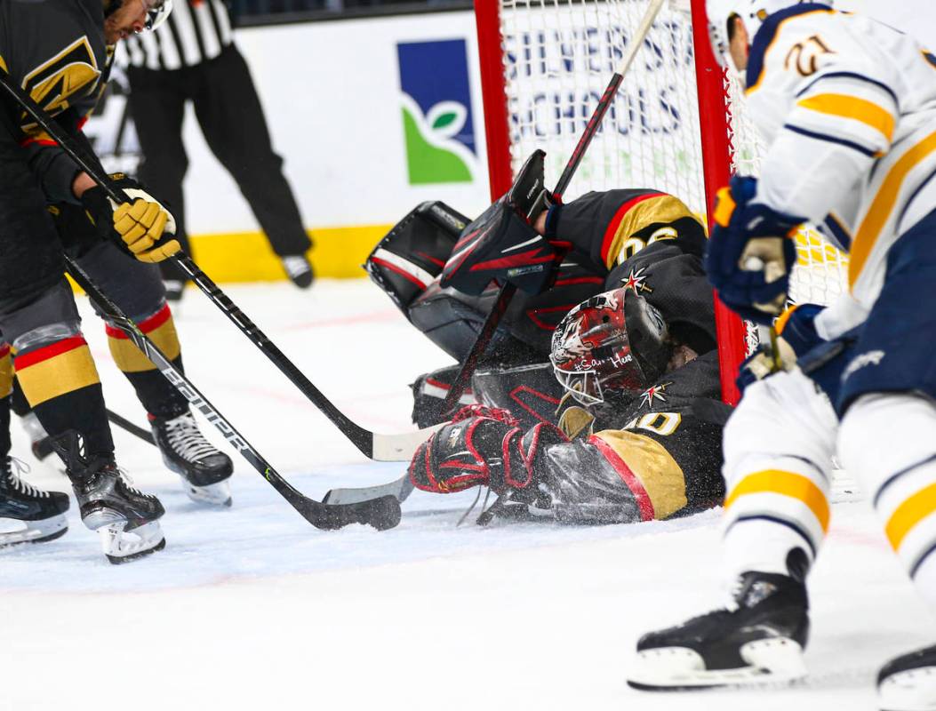 Golden Knights goaltender Robin Lehner (90) stops the puck during the second period of an NHL h ...