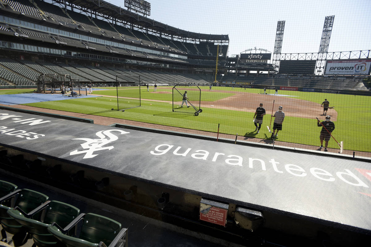 The Chicago White Sox practice at Guaranteed Rate Field, Sunday, July 5, 2020, in Chicago. (AP ...