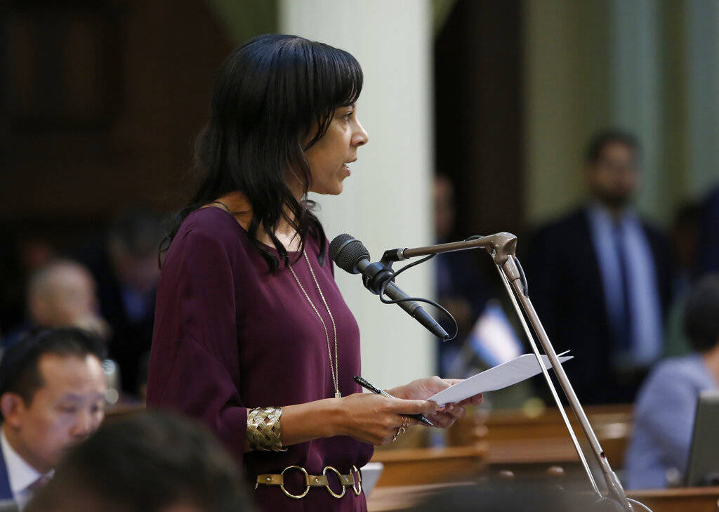 FILE - In this July 11, 2019, file photo, Assemblywoman Autumn Burke, D-Inglewood, calls on law ...