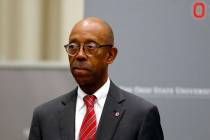 FILE - In this Aug. 22, 2018, file photo, Ohio State University President Michael Drake makes a ...