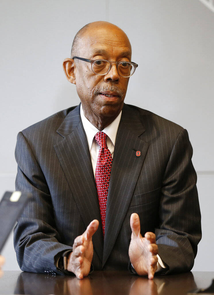 FILE - In this May 17, 2019, file photo, Ohio State University president Michael Drake answers ...