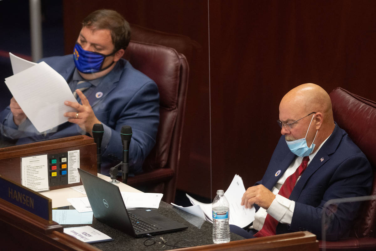 Nevada State Senators, James Ohrenschall, left, and Ira Hanse, right, on the first day of the 3 ...