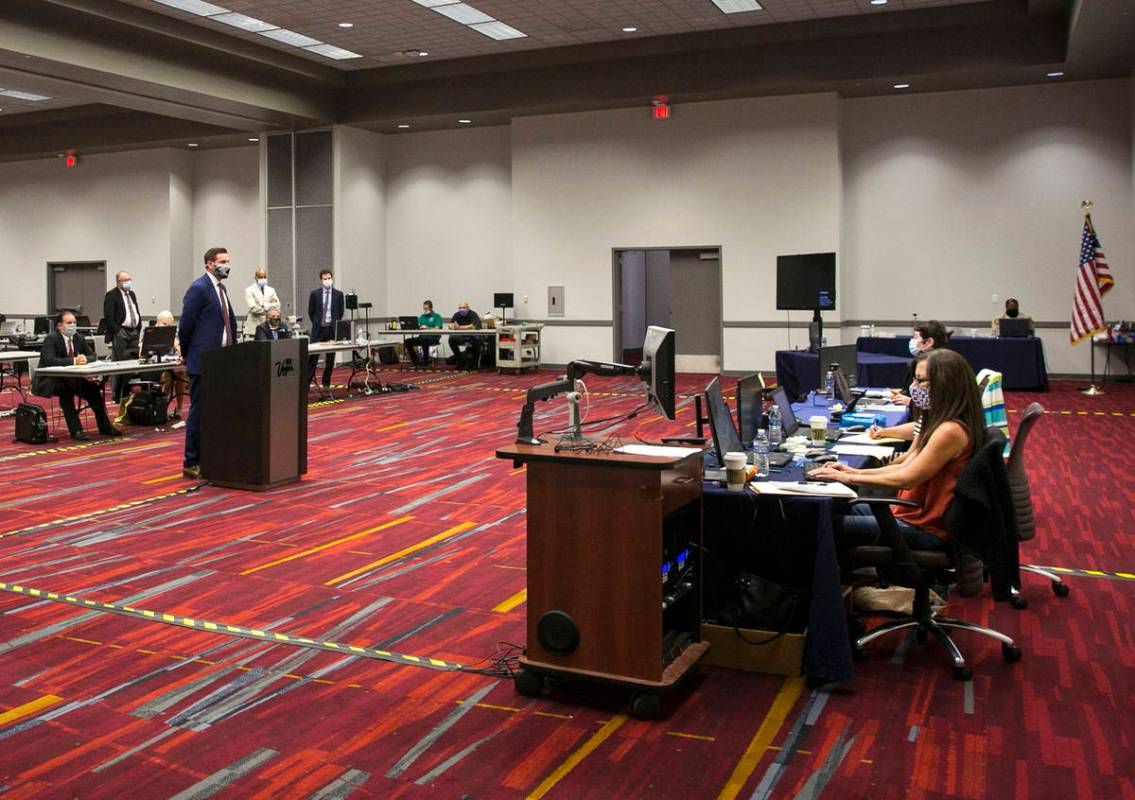 Nate Rulis, representing Planet 13 and LivFree dispensaries, addresses the court during a pretr ...