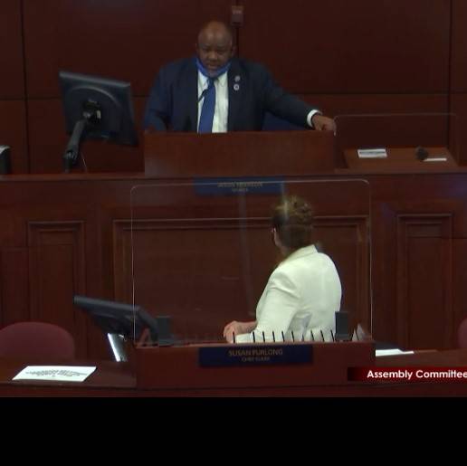 Assembly Speaker Jason Frierson speaks without wearing a mask on July 8, 2020. (Screen capture ...