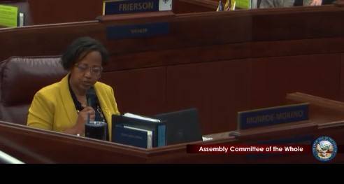 Assemblywoman Daniele Monroe-Moreno speaks without wearing a mask on July 8, 2020. (Screen capt ...