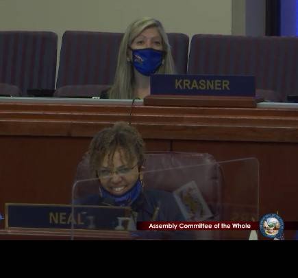 Assemblywoman Dina Neal speaks without wearing a mask on July 8, 2020. (Screen capture from the ...