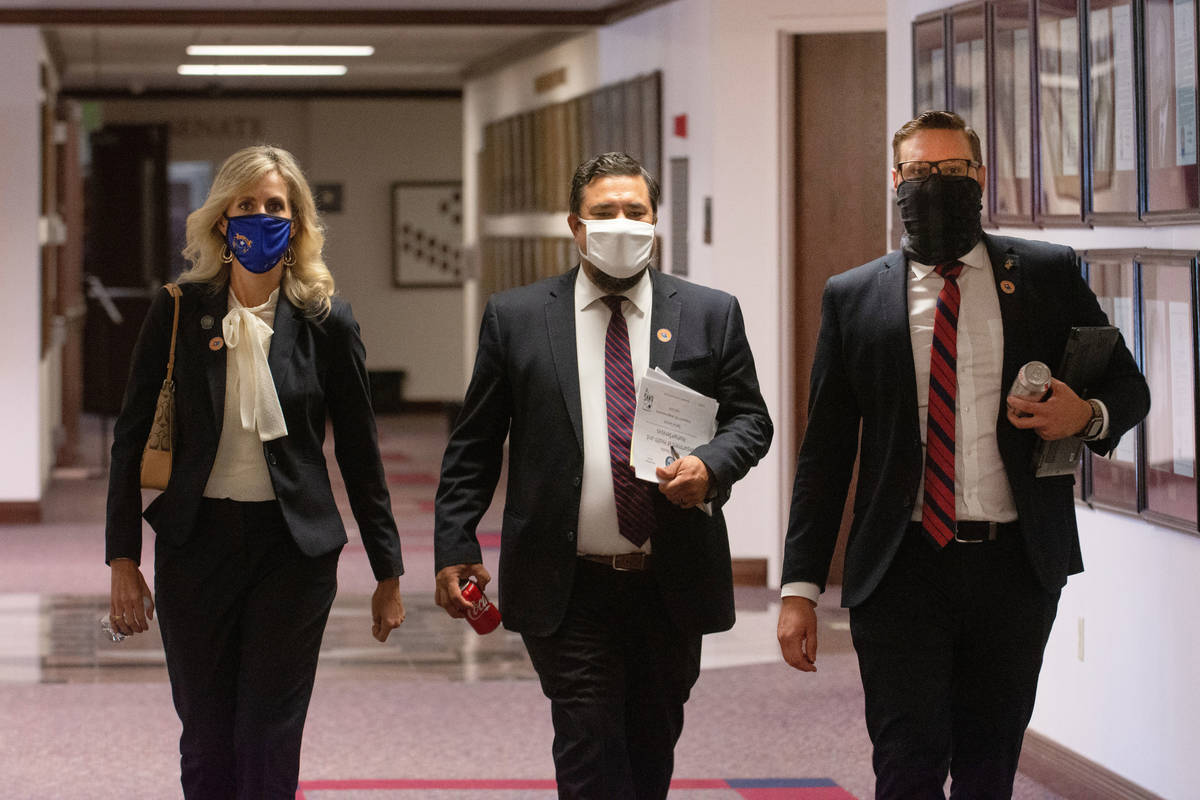 From left, Nevada Assemblywoman Melissa Hardy and Assemblymen, Glen Leavitt and Gregory Hafen, ...