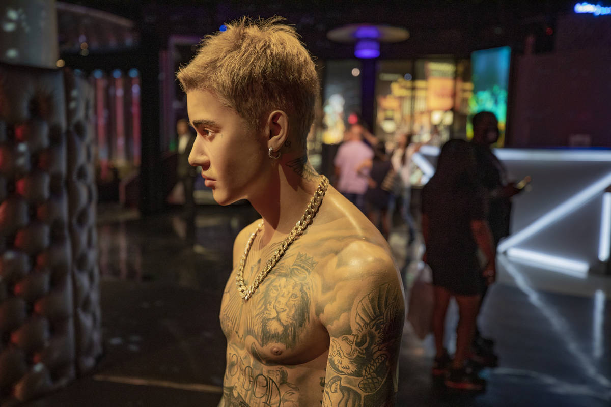 Justin Bieber's wax figure is seen during a tour given by John Katsilometes of Madame Tussauds ...