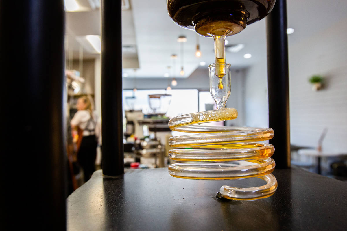 Coffee drips down into a pot at Take It Easy in Las Vegas on Friday, July 10, 2020. (Chris Day/ ...