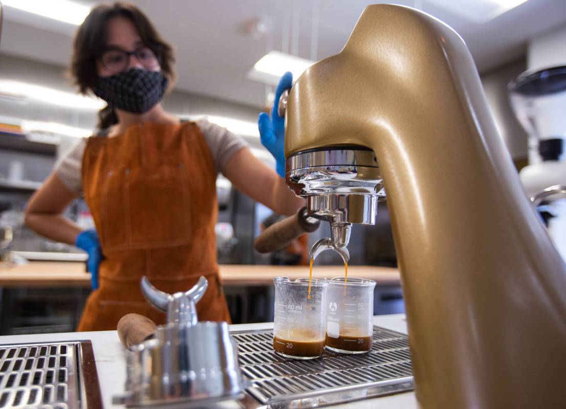 Quianna Rodriguez, a barista at Take It Easy, waits for two espresso shots to fill in Las Vegas ...