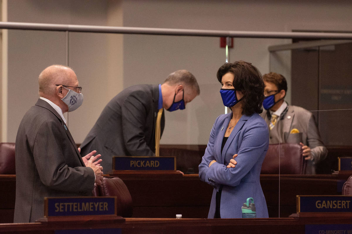 Nevada State Sens. Joe Hardy and Heidi Gansert on the third day of the 31st Special Session of ...