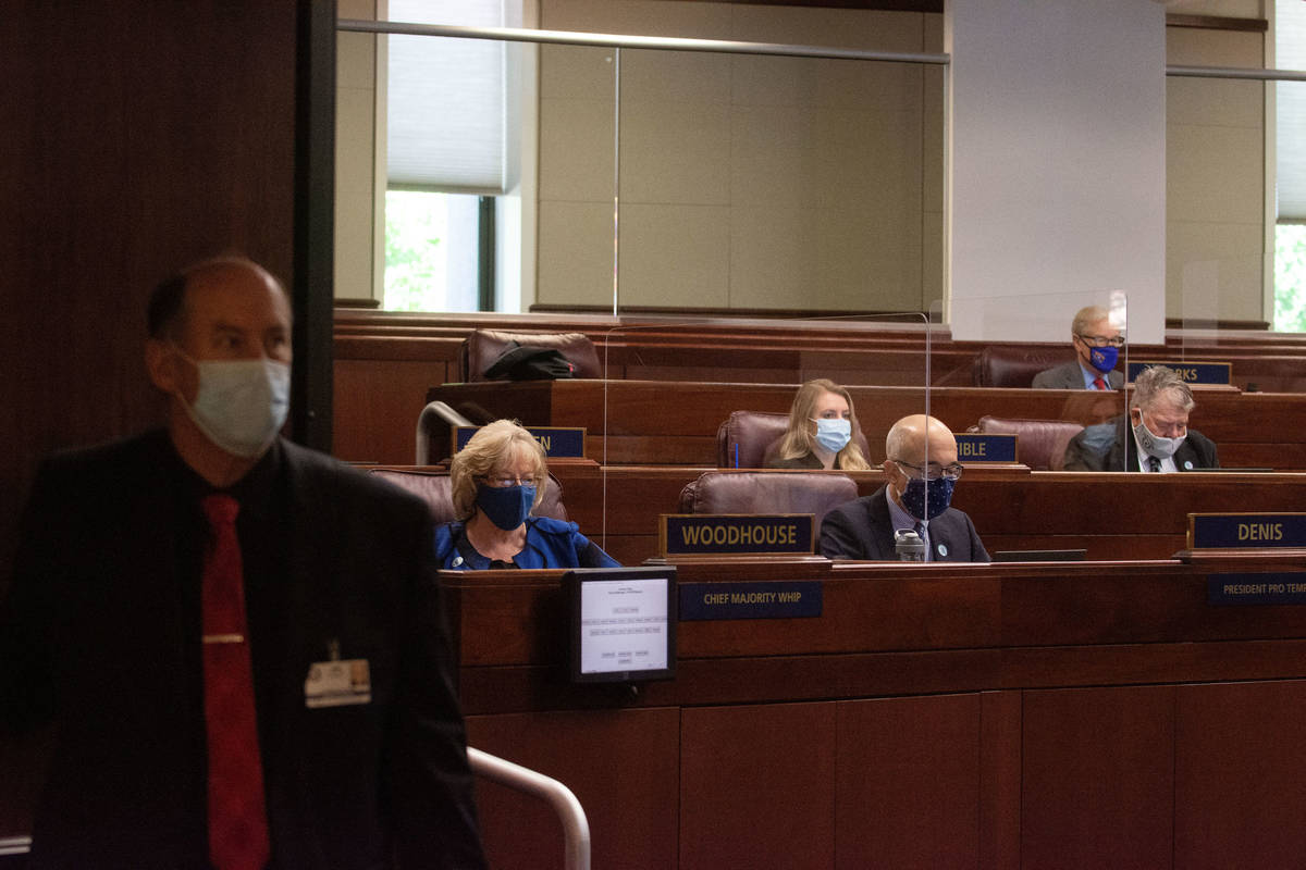 Nevada State Senators inside the Senate chambers on the third day of the 31st Special Session o ...