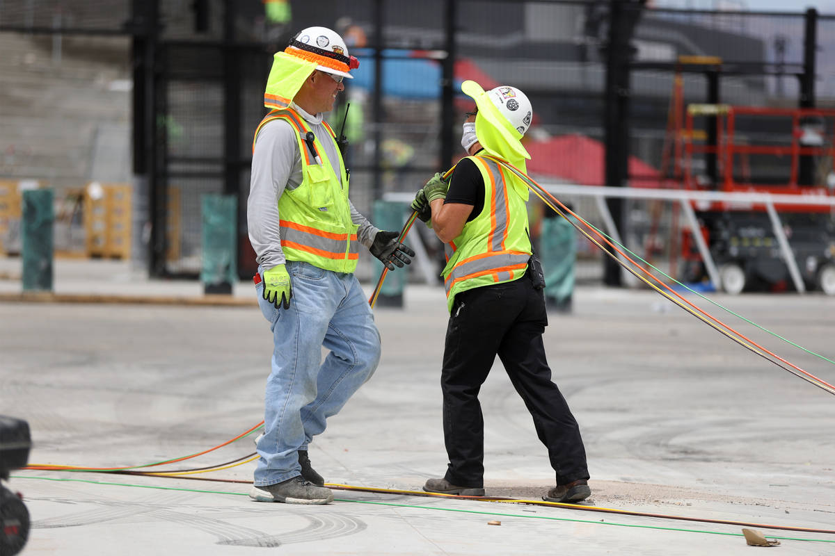 Workers at Allegiant Stadium in Las Vegas, Saturday, July 11, 2020. (Erik Verduzco / Las Vegas ...